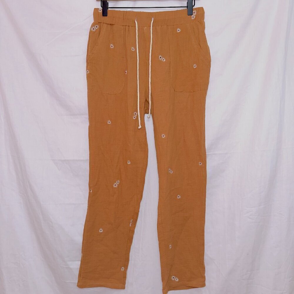 Molly Green orange high waisted pull on floral print gauze skinny leg pants